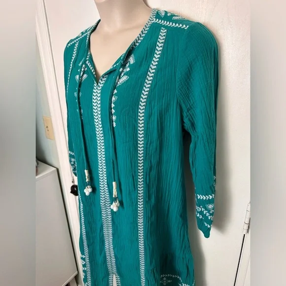 SOFT Surroundings Tropical Green JOLIE EMBROIDERED Cotton MIDI Dress PXL #1619 - Picture 3 of 12